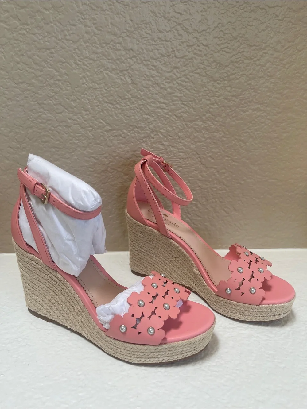 kate spade Pink Floral Pearl-Embellished Ankle-Strap Espadrille Wedges